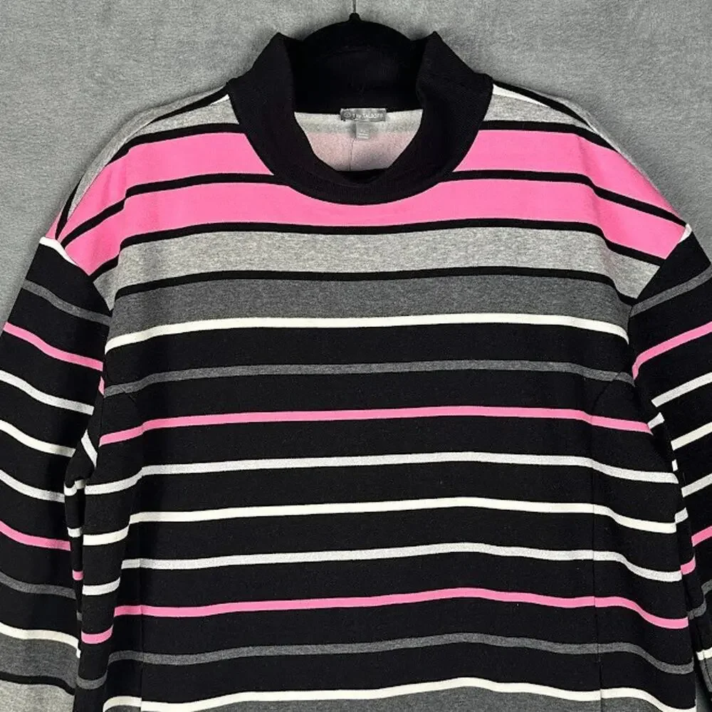 T By Talbots Top Women Extra Large Black Pink Striped Mock Neck Comfy Sweatshirt - Picture 3 of 13